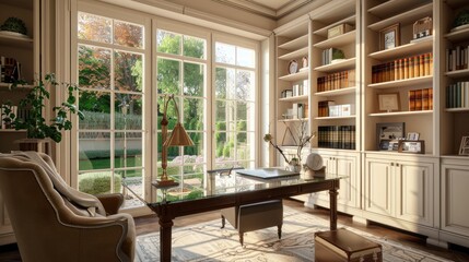 An elegant home office with a glass-top desk