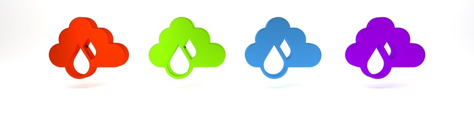 Colorful Cloud with rain icon isolated on white background. Rain cloud precipitation with rain drops. Minimalism concept. 3D render illustration