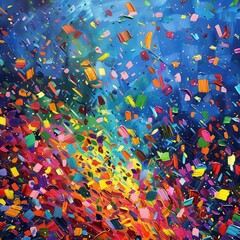 vibrant panoramic celebration scene colorful confetti raining down against a festive backdrop dynamic composition with swirling patterns and bursts of joy