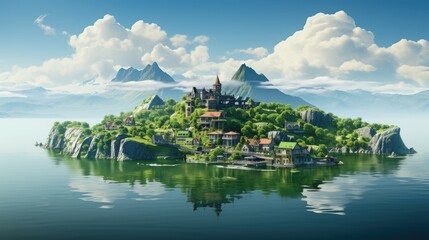 Obraz premium A beautiful green isle floating among clouds 