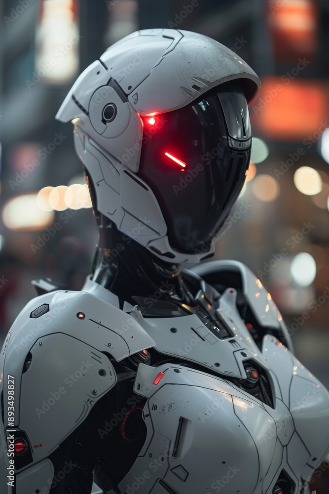 Aufkleber the image shows a white robot looking at the camera with shiny eyes against a gray backdrop.