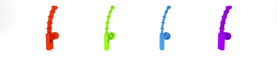 Colorful Fishing rod icon isolated on white background. Catch a big fish. Fishing equipment and fish farming topics. Minimalism concept. 3D render illustration