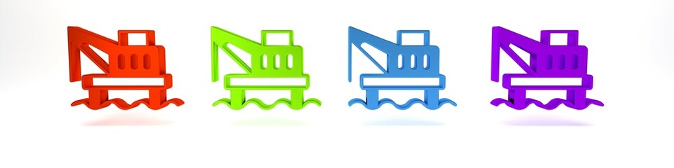 Colorful Oil platform in the sea icon isolated on white background. Drilling rig at sea. Oil platform, gas fuel, industry offshore. Minimalism concept. 3D render illustration