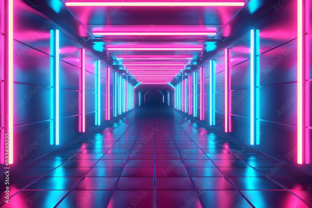 Poster using generative ai, this futuristic tunnel backdrop features bright neon lights