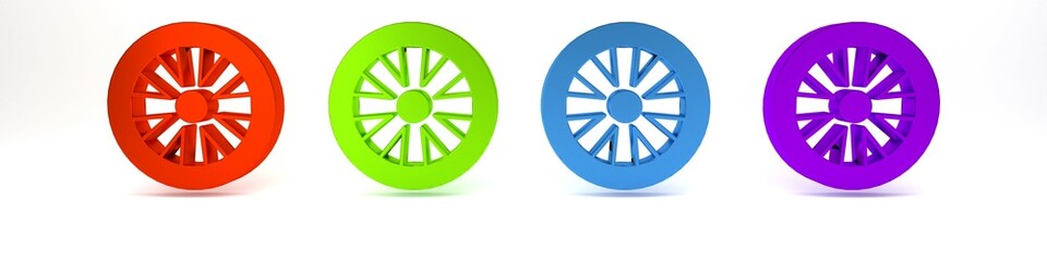 Obraz premium Colorful Alloy wheel for car icon isolated on white background. Minimalism concept. 3D render illustration
