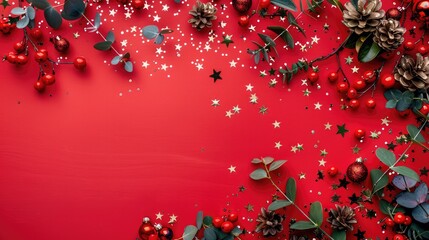 Top view of glimmering stars, mistletoe berries, and holiday ornaments on a red background, perfect for text