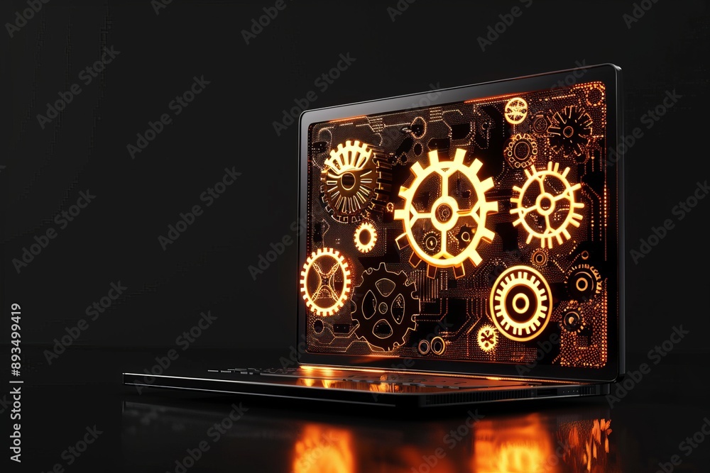 Poster blank laptop on dark background with intersecting colorful gears over the screen