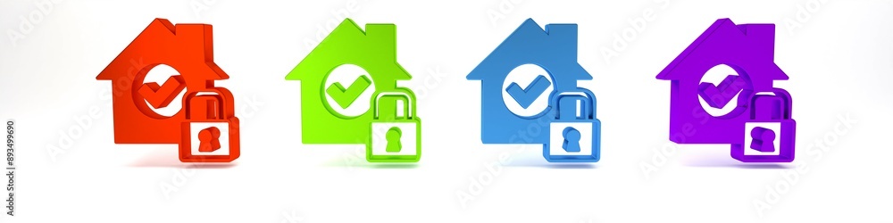 Poster Colorful House under protection icon isolated on white background. Home and lock. Protection, safety, security, protect, defense concept. Minimalism concept. 3D render illustration