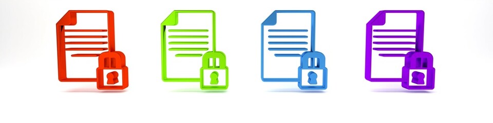 Colorful Document and lock icon isolated on white background. File format and padlock. Security, safety, protection concept. Minimalism concept. 3D render illustration
