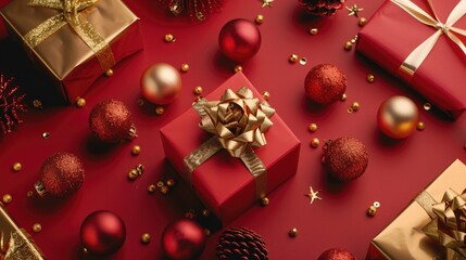 Top view of holiday decorations including gift boxes, red and gold balls, and chic tree embellishments on a red surface