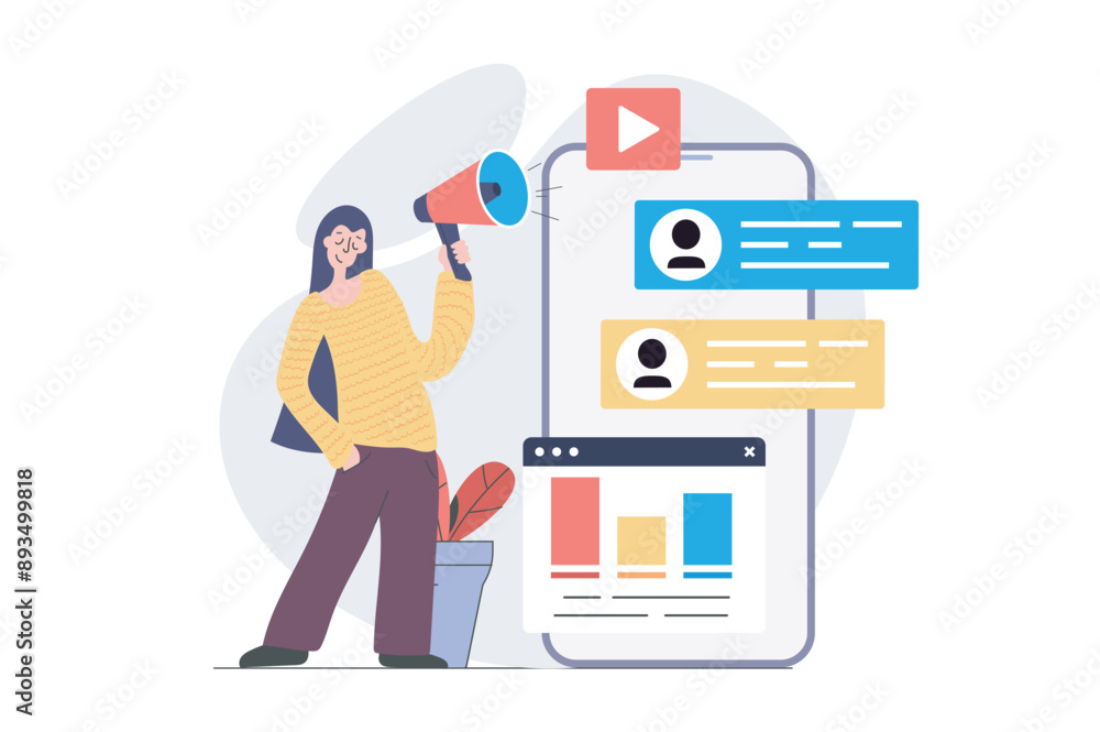 Poster Digital marketing concept in modern flat design for web. Woman with megaphone making promotion for audience in mobile social media app, analyzing data and campaign analytics. Vector illustration.