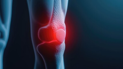 Distended knee with noticeable hue change due to gout, highly detailed medical visualization