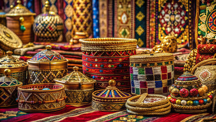 Intricately patterned traditional Qatari handicrafts, including woven baskets, ornate gold jewelry, and colorful textiles, are artfully arranged on a luxurious velvet background at a festival display.