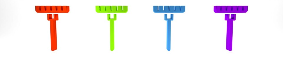Colorful Garden rake icon isolated on white background. Tool for horticulture, agriculture, farming. Ground cultivator. Housekeeping equipment. Minimalism concept. 3D render illustration