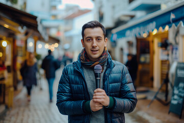 Fototapeta premium A handsome male journalist speaks into a microphone on the street and conveys important information. mass media