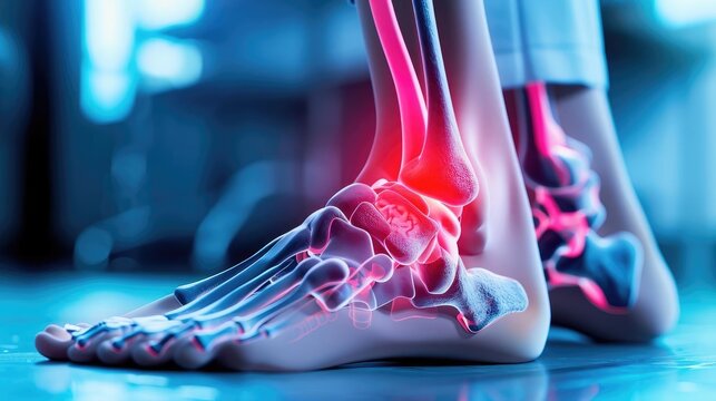 Human ankle with significant enlargement and redness due to gout, depicted in a clinical environment, high-detail medical illustration