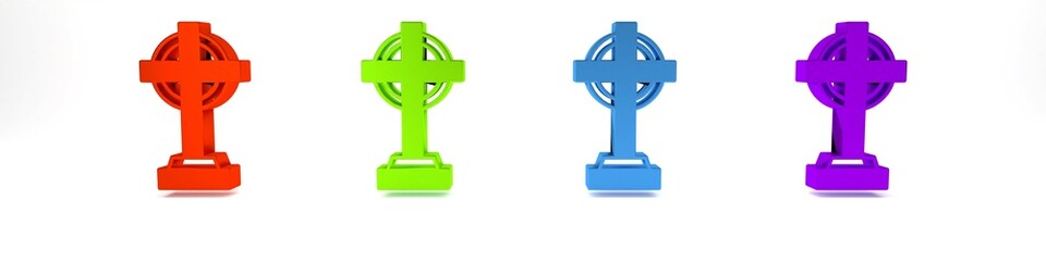 Colorful Tombstone with cross icon isolated on white background. Grave icon. Happy Halloween party. Minimalism concept. 3D render illustration