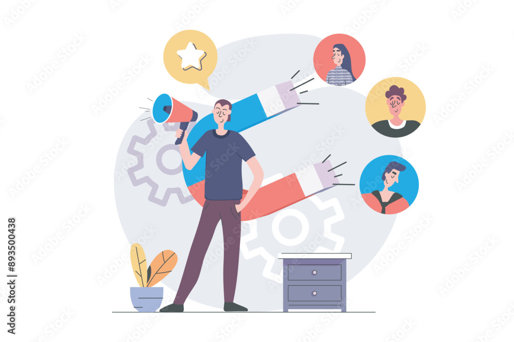 Poster digital marketing concept in modern flat design for web. man with megaphone and magnet attracting ne