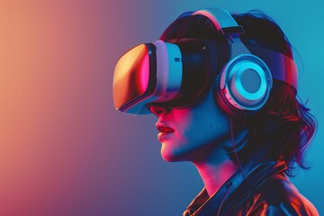 Photo of a young woman wearing futuristic virtual reality goggles and headset exploring a different world against a bright background