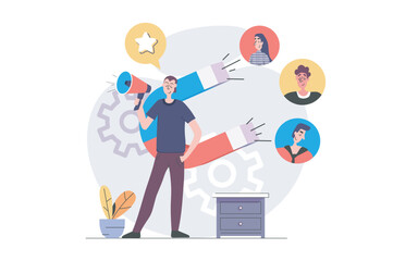 Digital marketing concept in modern flat design for web. Man with megaphone and magnet attracting new followers and customers, promoting online, making advertising campaign. Vector illustration.