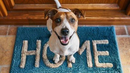 Happy Dogs Standing on 'Home' Door Mat with Large Lettering