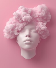 Naklejka premium Dreamy woman made of clouds closing her eyes on a pink background