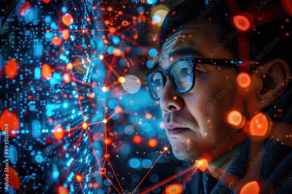 Poster the man is wearing glasses, reflecting the digital interface he is interacting with, which adds a la