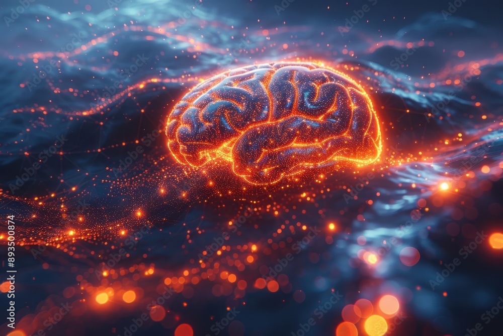 Poster the brain appears to be floating in a dark, digital environment, with numerous interconnected lines 
