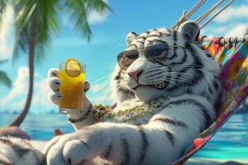 A cool tiger is sunbathing on a hammock, enjoying a refreshing drink on a tropical beach. Palm trees sway gently in the background, adding to the idyllic and relaxed atmosphere.