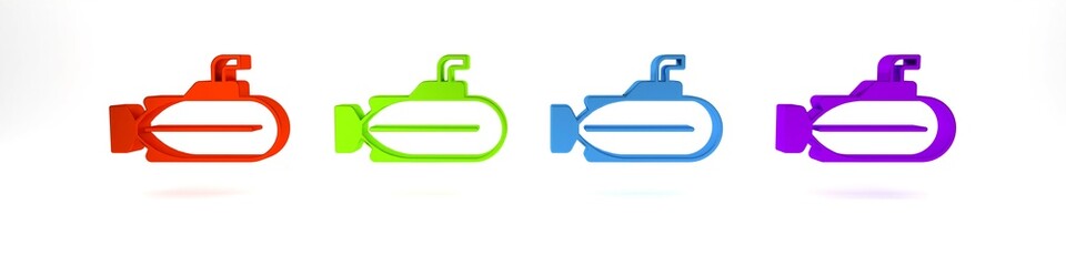 Colorful Submarine icon isolated on white background. Military ship. Minimalism concept. 3D render illustration