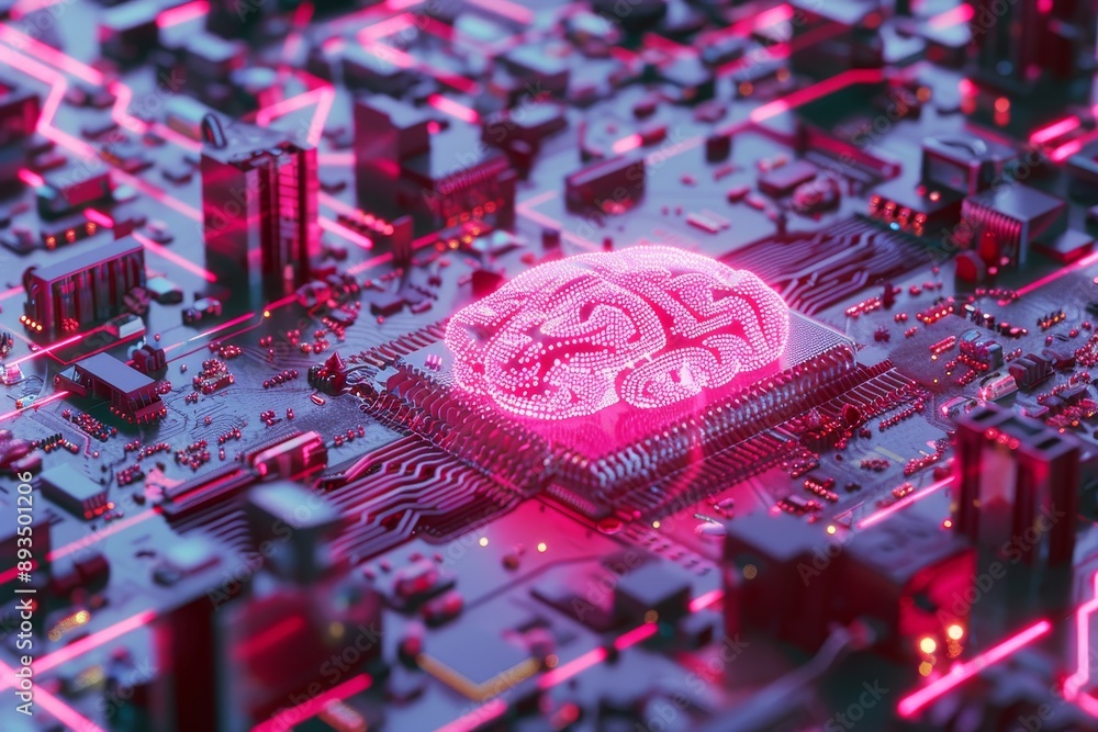 Poster an image of a blurred computer circuit board with a futuristic modern new processor chip equipped wi