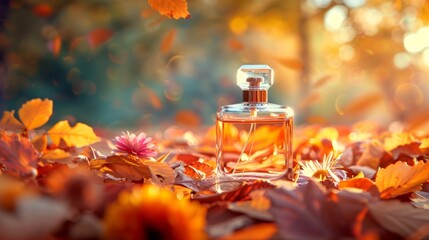 Clear glass bottle perfume on colorful fall leaves and autumn flowers background. Presenting a luxurious, luxurious fragrance with golden sunshine.