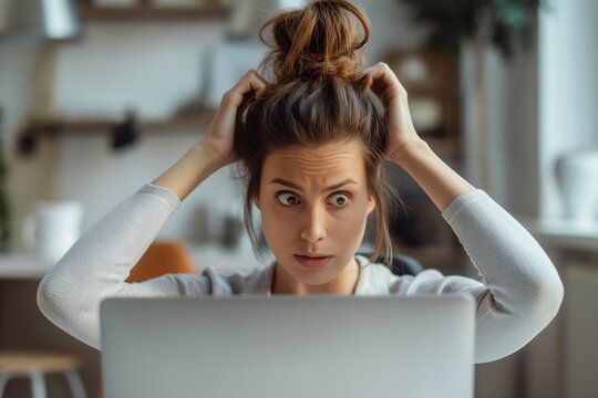 A stressed businesswoman with a messy bun stares at her laptop, feeling swamped as she works from home. It's essential to balance your digital life.