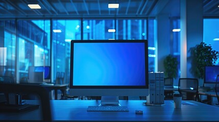 Fototapeta premium modern office. the computer shows an error. dead blue screen for problem. operating system and internet