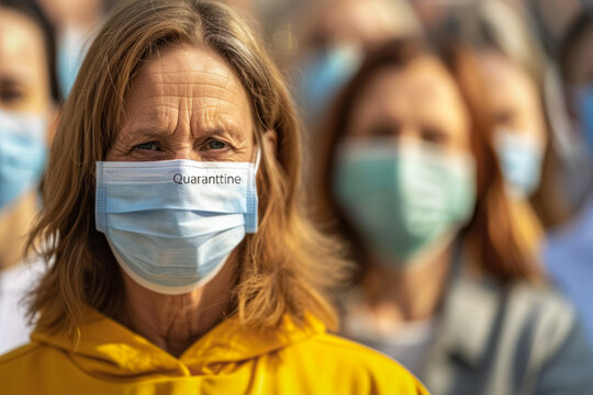 "quarantine" text overlay over a group of people, wearing medicine mask - Powered by Adobe