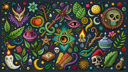 Whimsical hand-drawn doodle illustrations of witchcraft symbols, mystical creatures, and magic design elements in a vibrant, intricate sketch style, perfect for artistic projects.