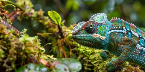 Fototapeta premium Colorful chameleon perched on moss against a misty forest backdrop, its multicolored scales standing out