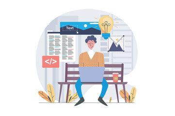 Freelance concept in modern flat design for web. Man freelancer working online and sitting at park bench, brainstorming and programming new product, developing software outdoor. Vector illustration.