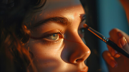 Obraz premium beautiful young woman applying eye makeup, subject to the right of the image,