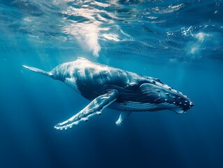Fototapeta premium Majestic Humpback Whale Swimming Gracefully Through the Deep Blue Ocean