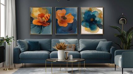 Living Room Decor with Watercolor Floral Art Posters. generative AI