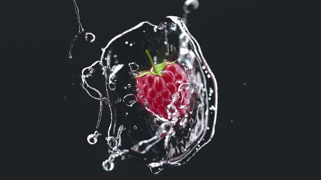 Raspberry falling in water splash slow motion, depth of field