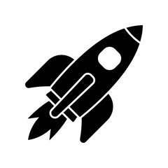 Flying rocket icon. Space travel. Project start up sign. Creative idea symbol. Rocket ship with fire.