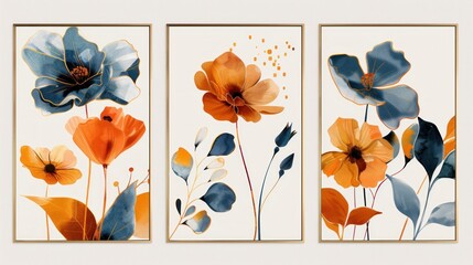 Set of Abstract Floral Art Posters in Gold Frames. generative AI