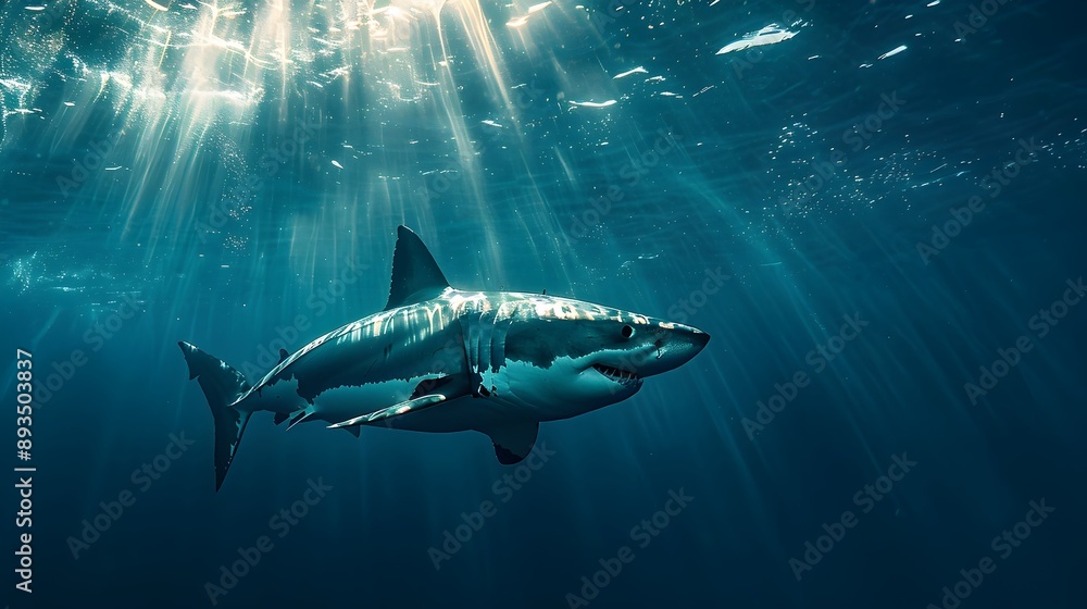 Poster Majestic Great White Shark Powerfully Swimming Through Ocean Depths