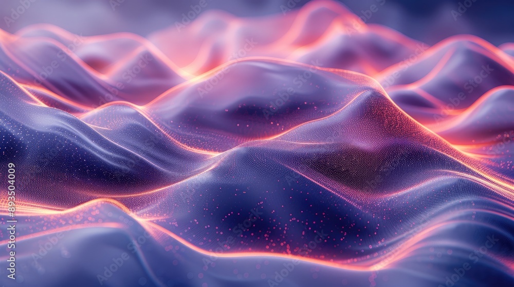 Poster abstract digital landscape with vibrant neon colors and smooth, wave-like patterns, evoking a futuri