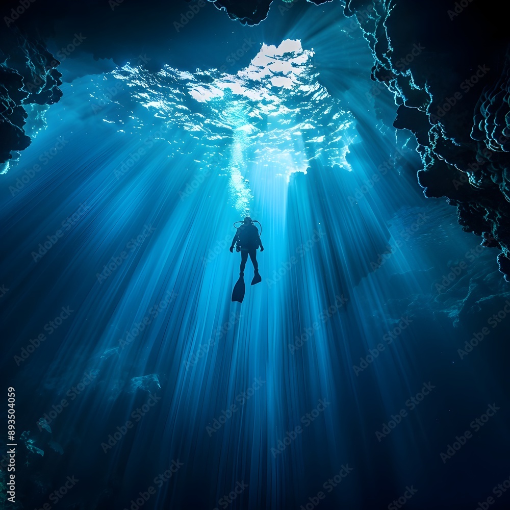 Sticker Diver Exploring Illuminated Underwater Cave in Serene Ocean Environment