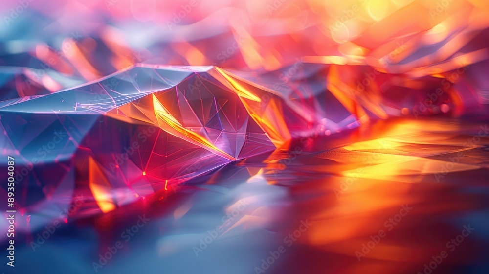 Poster abstract geometric shapes with vibrant gradient colors and glowing light effects, creating a futuris