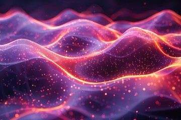 Obraz premium Abstract digital wave pattern with glowing particles in vibrant colors, representing dynamic technology and futuristic concepts.