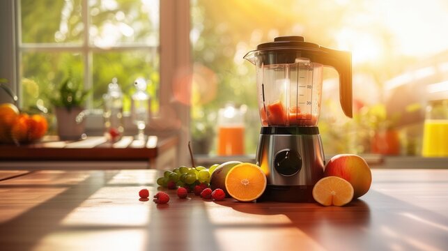Blender mixer machine in kitchen with fruits